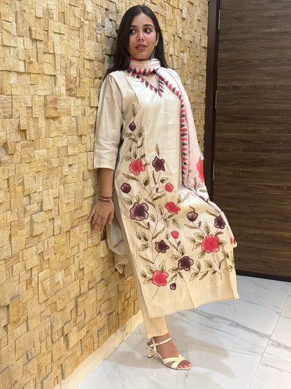 Beige Kantha Embroidery Silk with Dupatta Suit Set