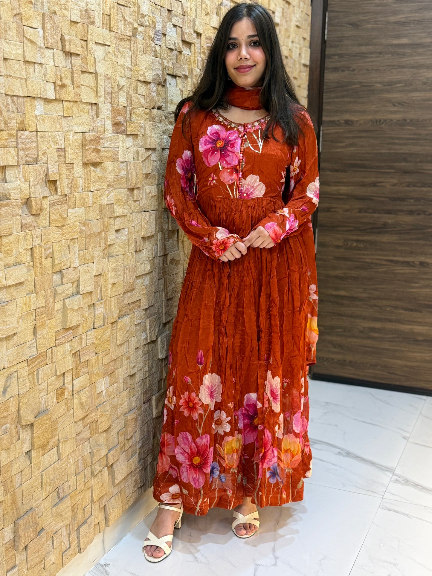 Rust Pure Chinon Anarakali Suit Set
