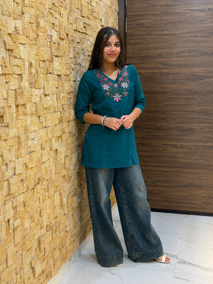 Teal Cotton with Embroidery Short Kurti