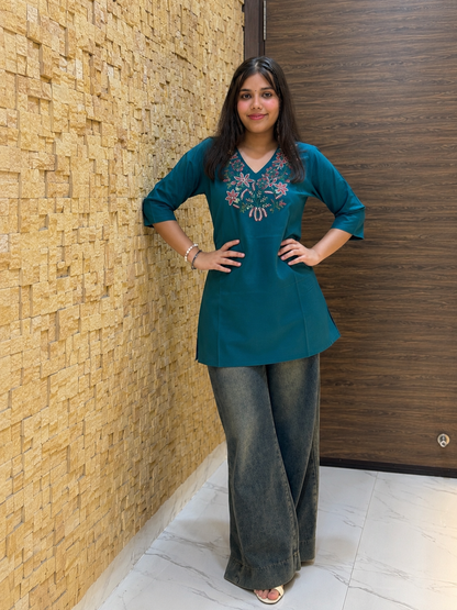 Teal Cotton with Embroidery Short Kurti